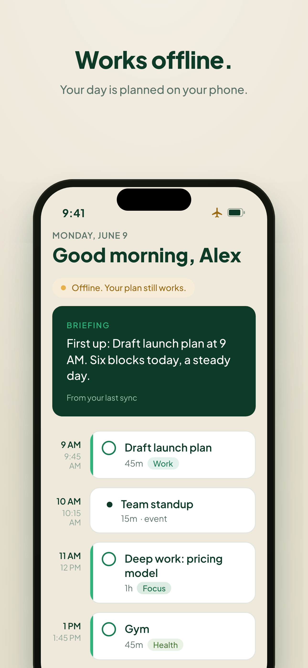 ClaroCal planning the day offline with no connection.