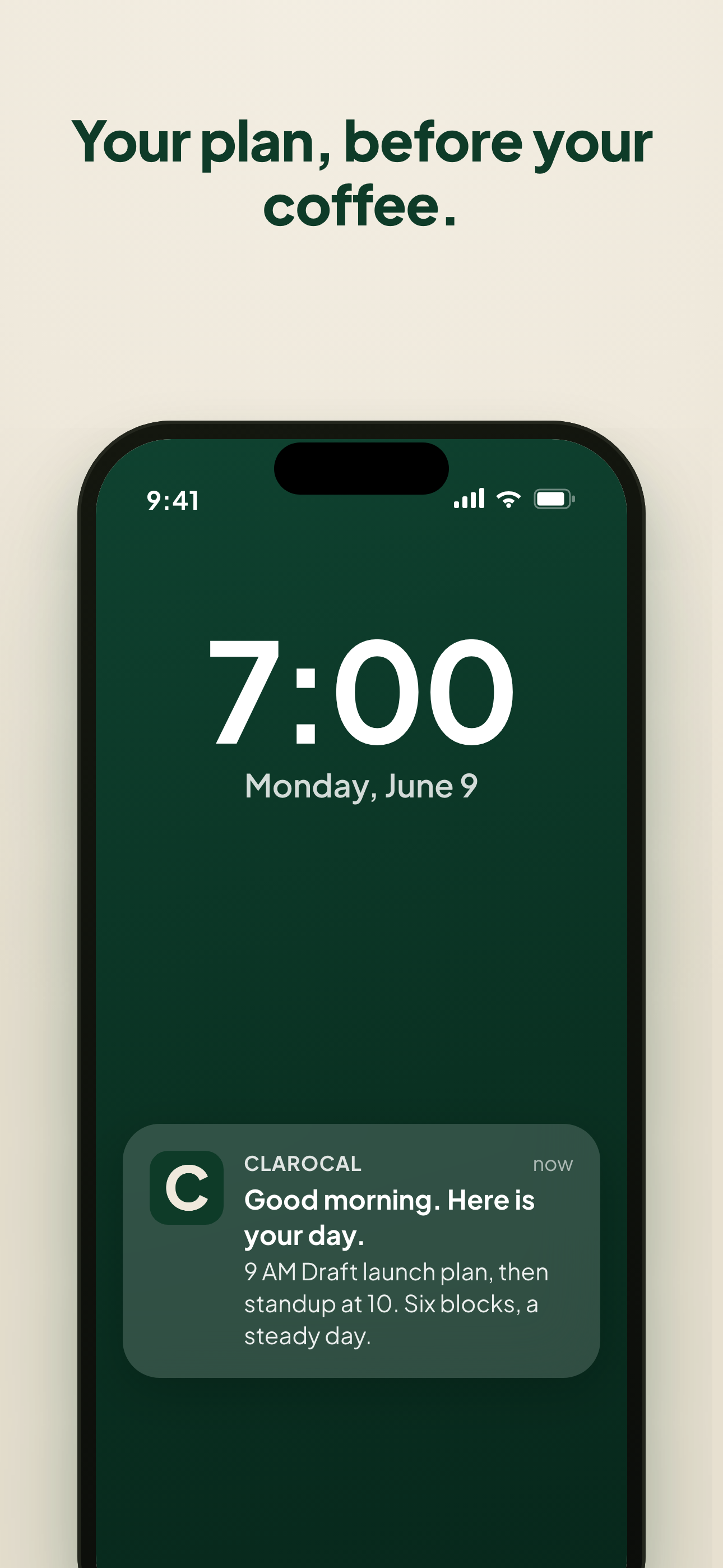 A ClaroCal morning briefing notification on the lock screen.