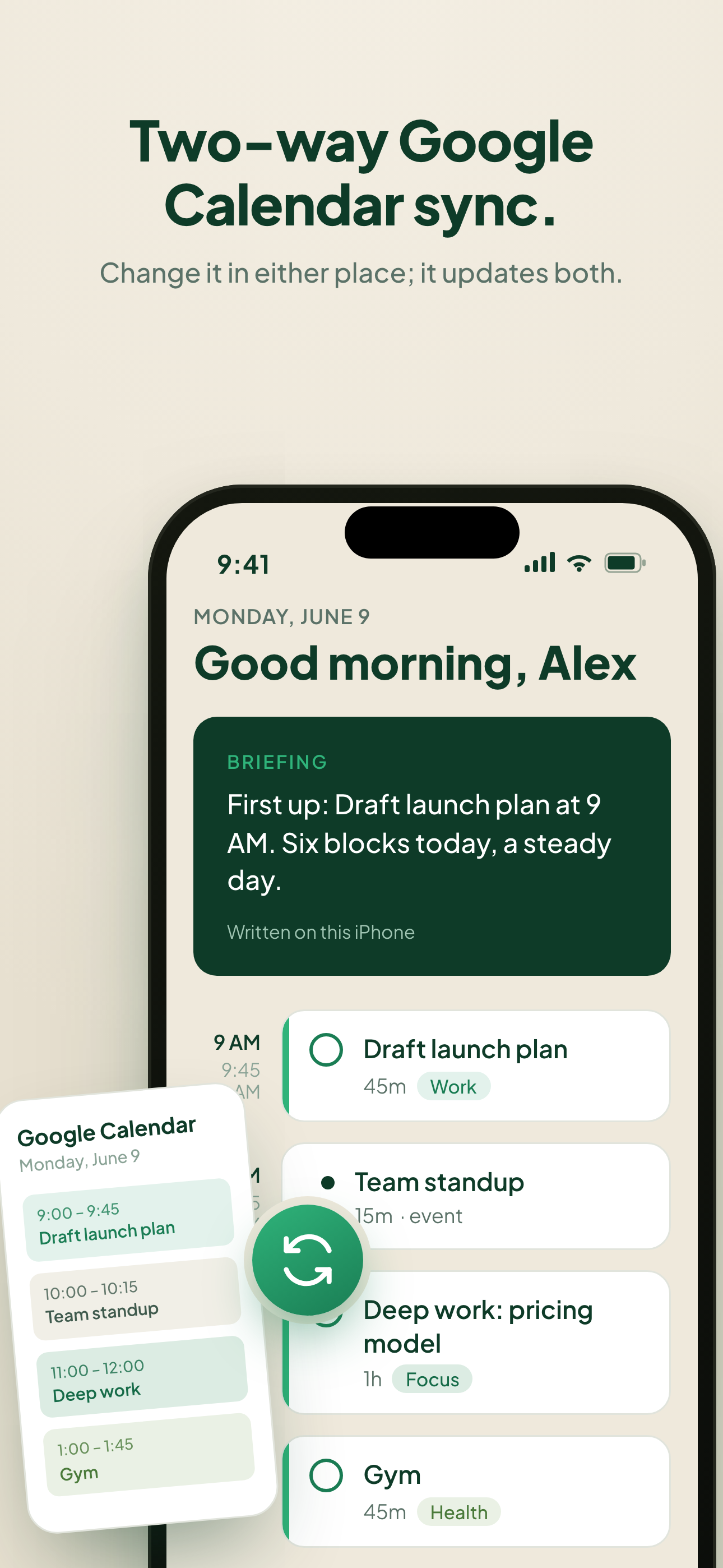 ClaroCal syncing two-way with Google Calendar.