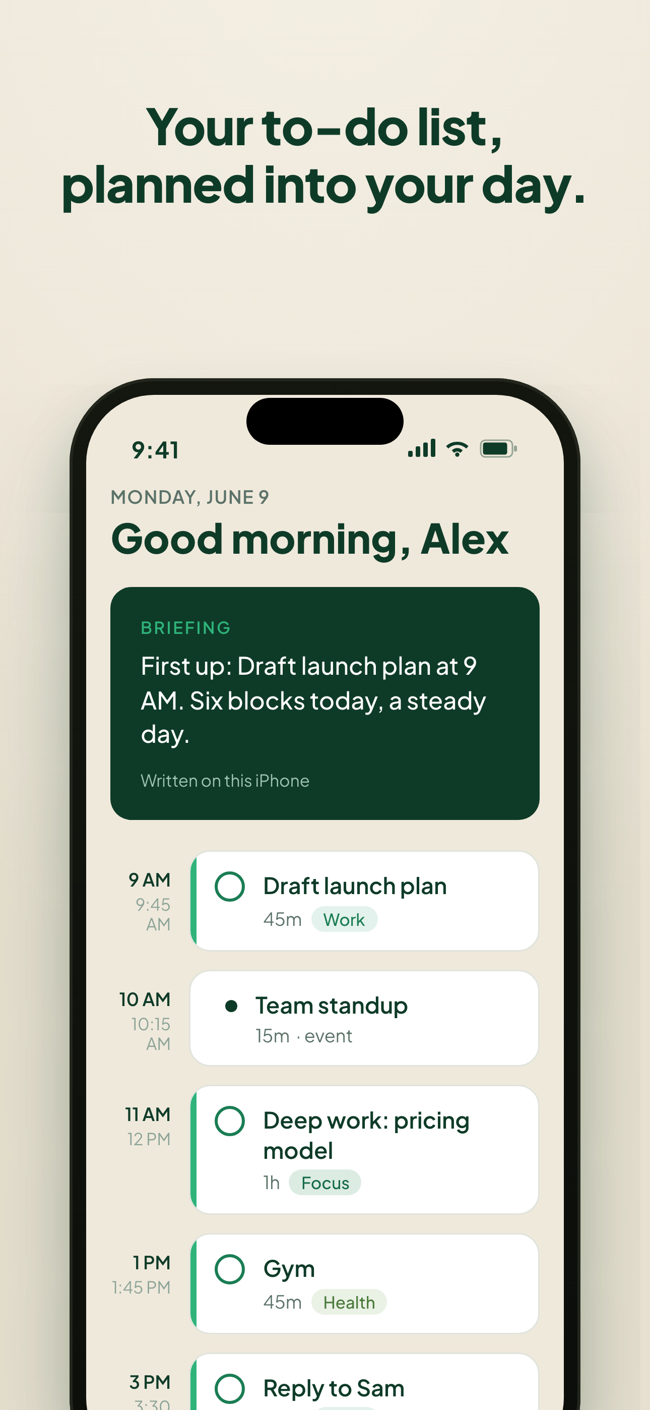 ClaroCal for iPhone showing a day time-blocked around calendar events.